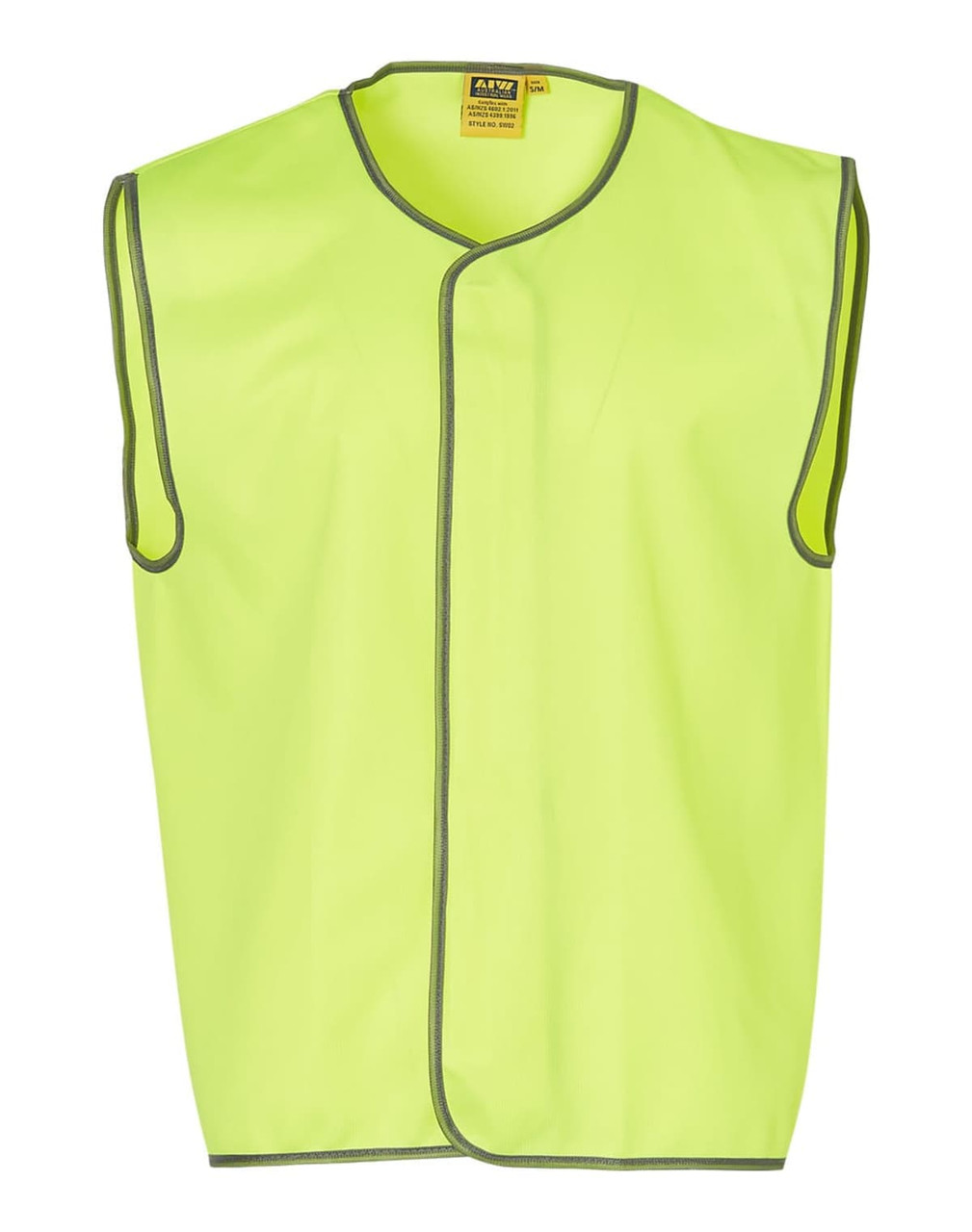 A hi-vis safety vest in bright yellow with grey trim, featuring a sleeveless design and a logo.