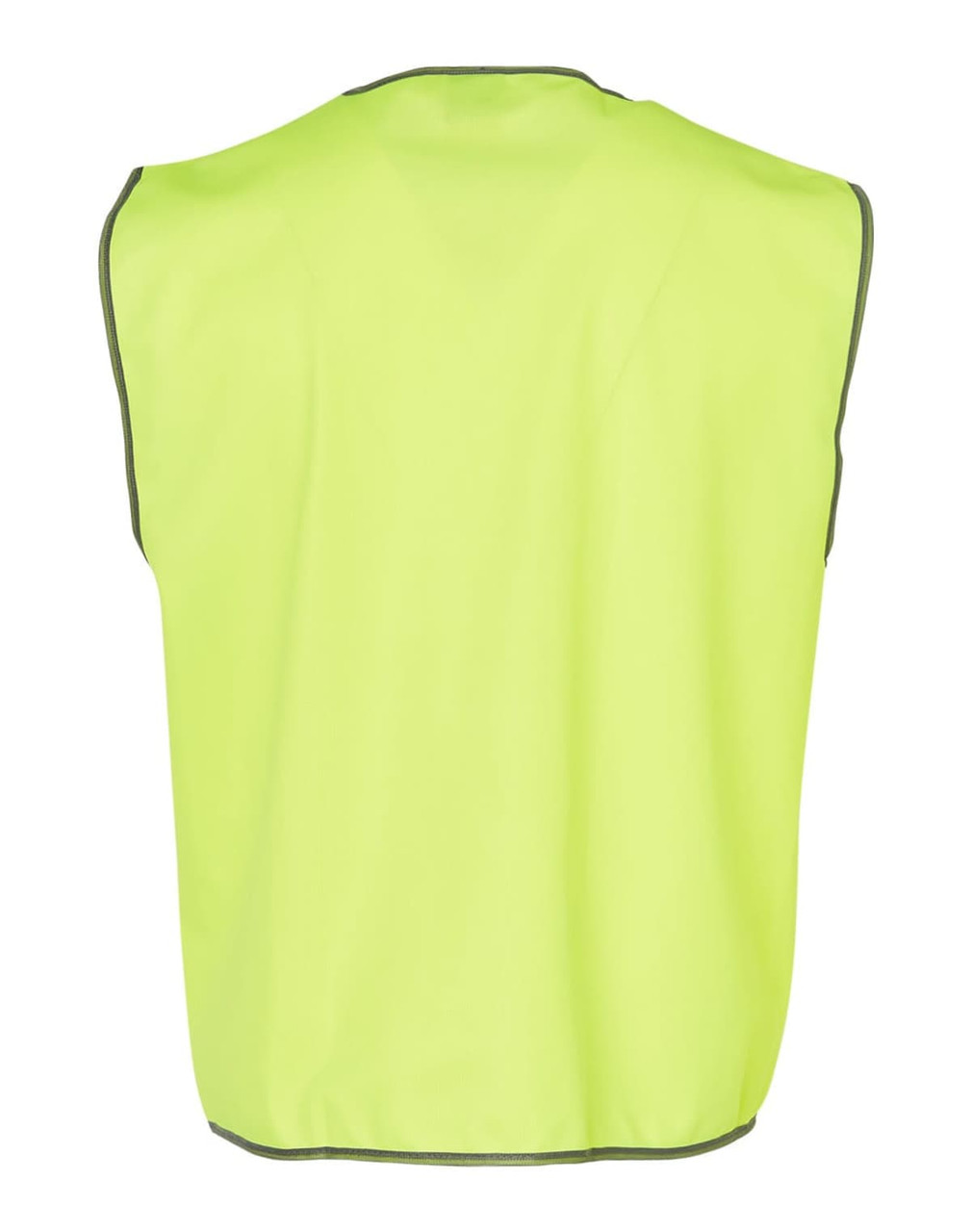 A high-visibility safety vest in bright lime green, featuring a simple design and reflective trim.