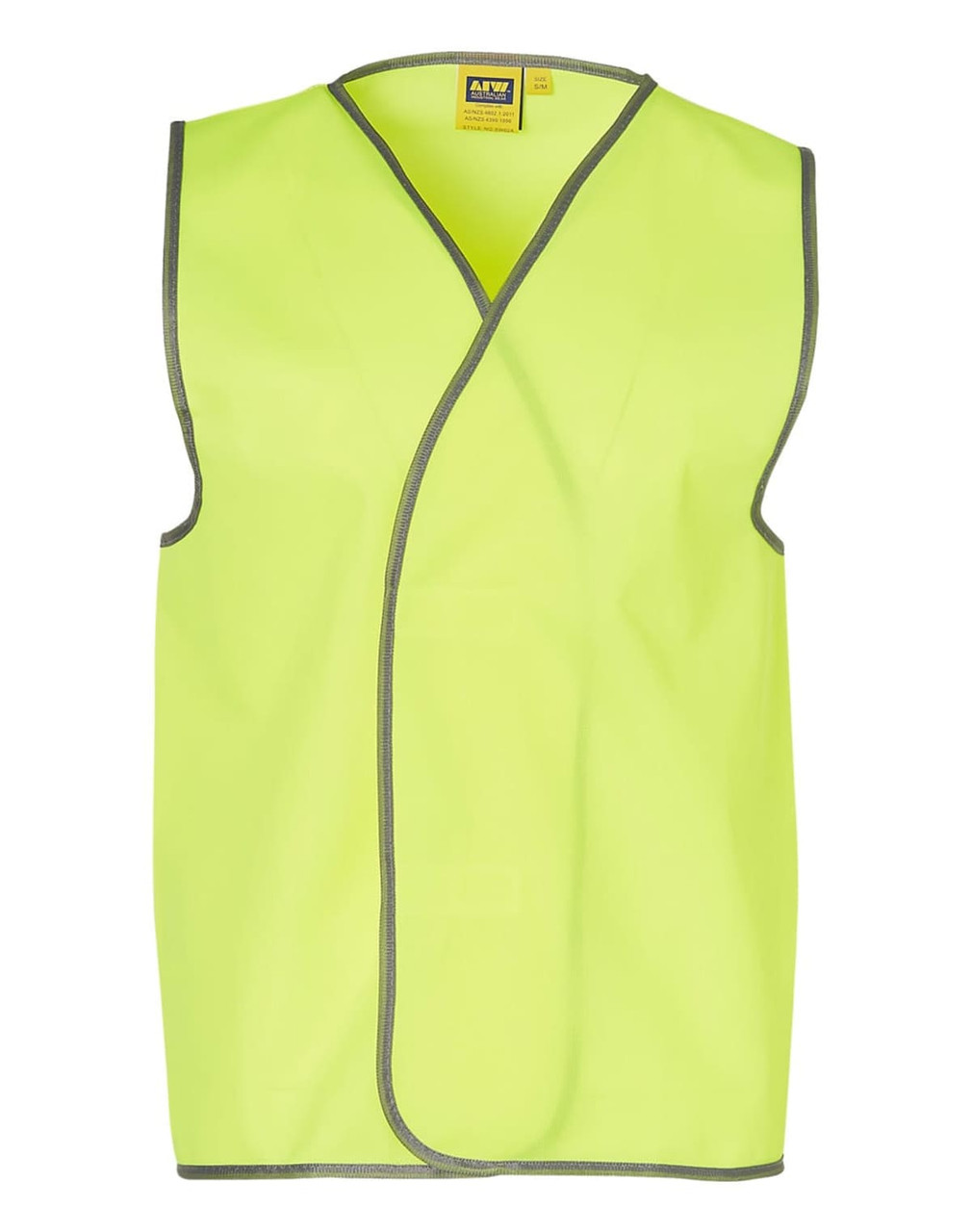 A hi-vis safety vest in bright yellow with contrasting trim and a simple design. It features a logo on the label.