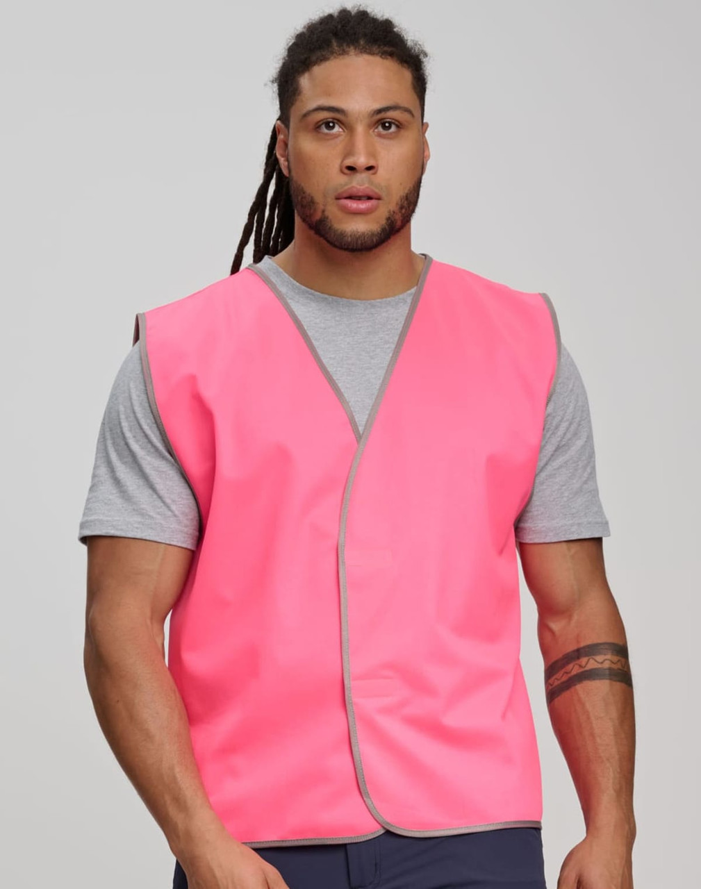 A Hi-Vis safety vest in bright pink, featuring a simple design with a logo on the front.