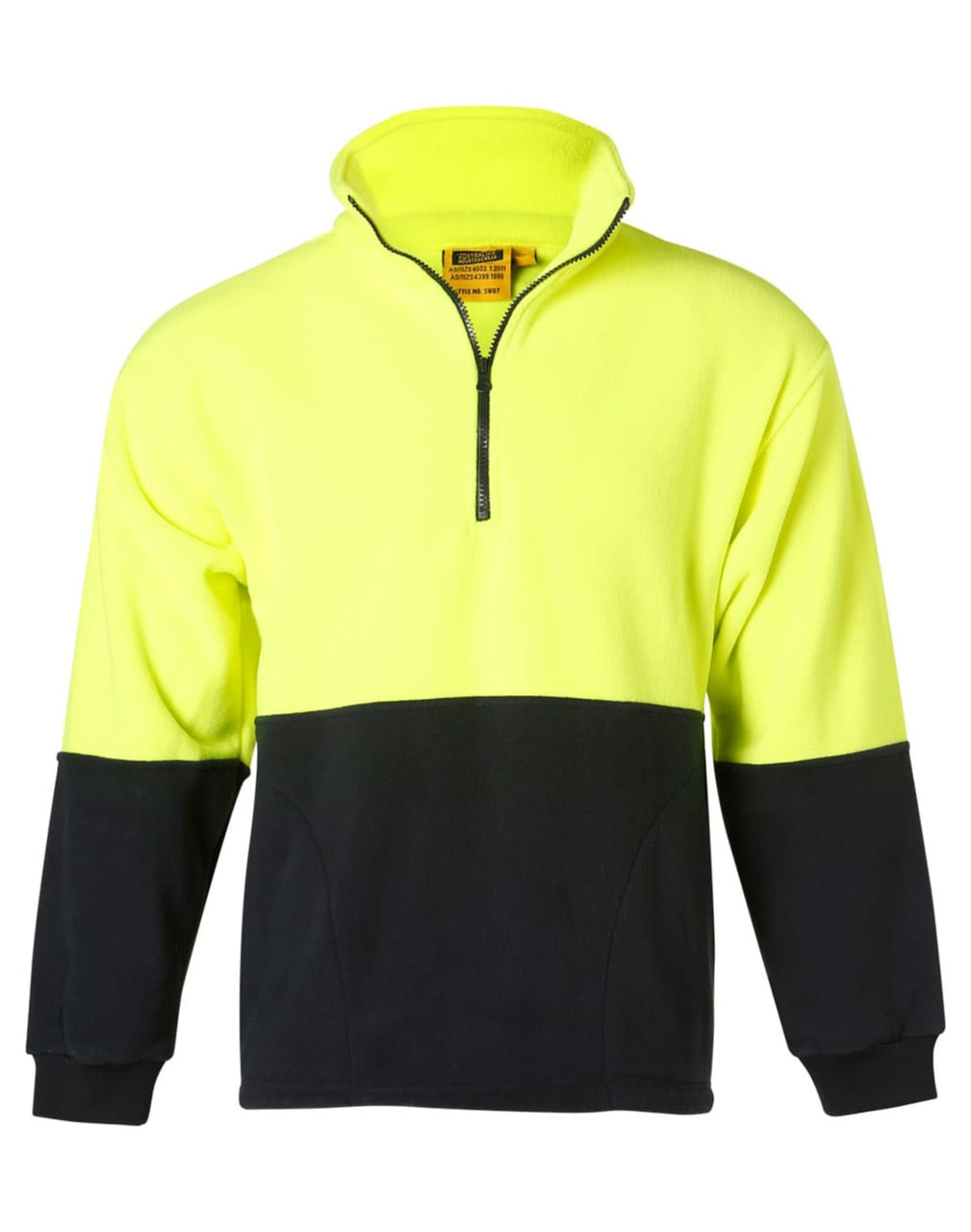 A bright yellow and black Hi-Vis polar fleece half zip pullover with a front zip and long sleeves. Features a logo.