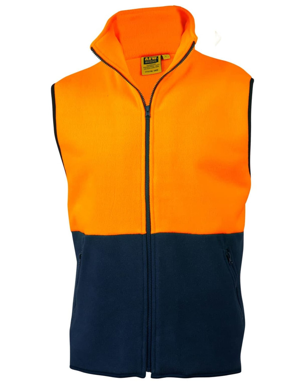 A two-tone polar fleece vest in high-visibility orange and navy blue, featuring a front zip and a collar.