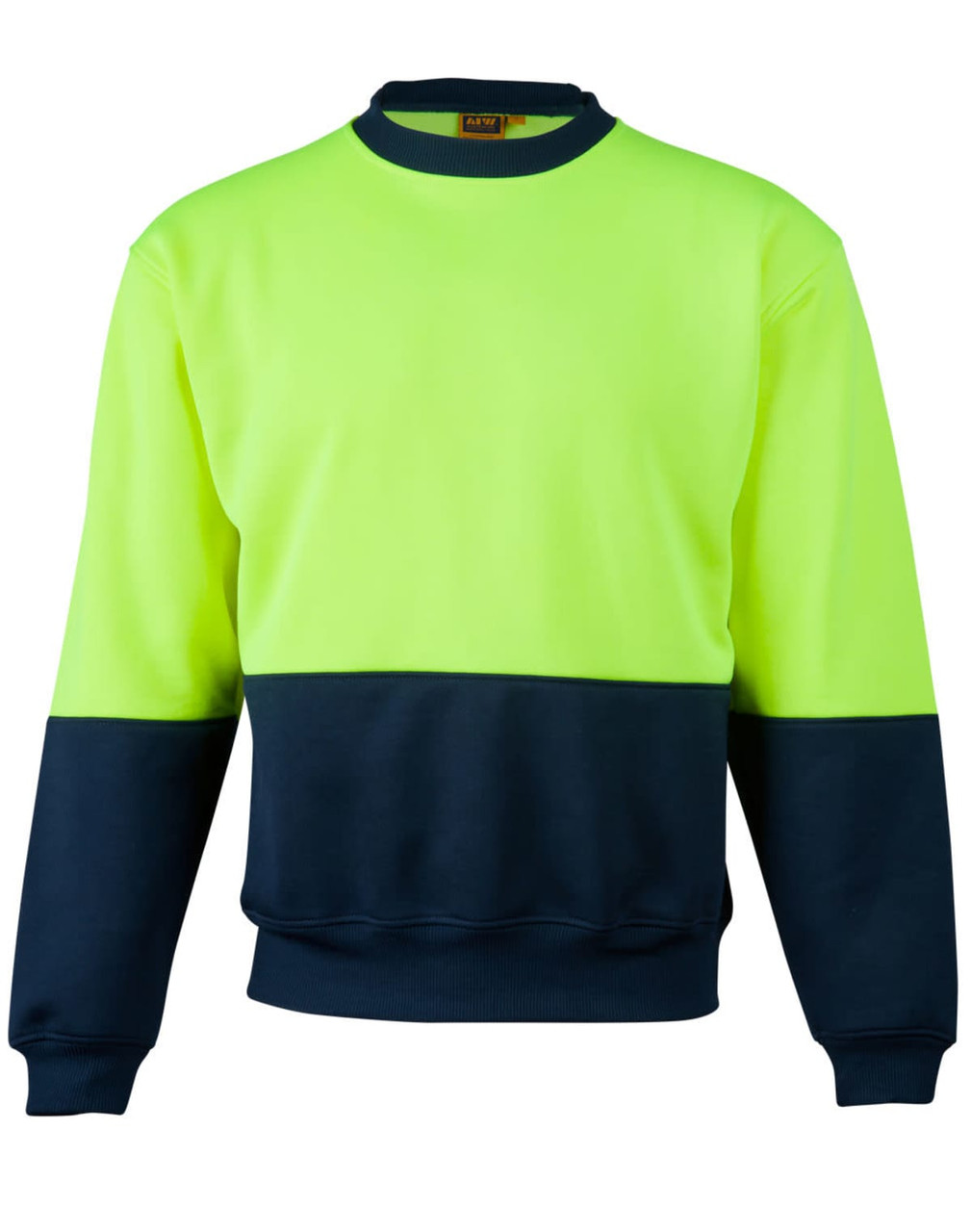 Hi-Vis two-tone windcheater in fluorescent yellow and navy, featuring a crew neck and ribbed cuffs. It has a logo.