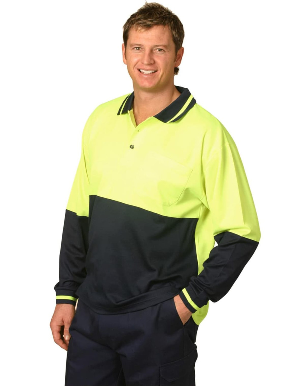 A long-sleeve safety polo shirt in bright yellow and navy blue, featuring a pocket and a logo.