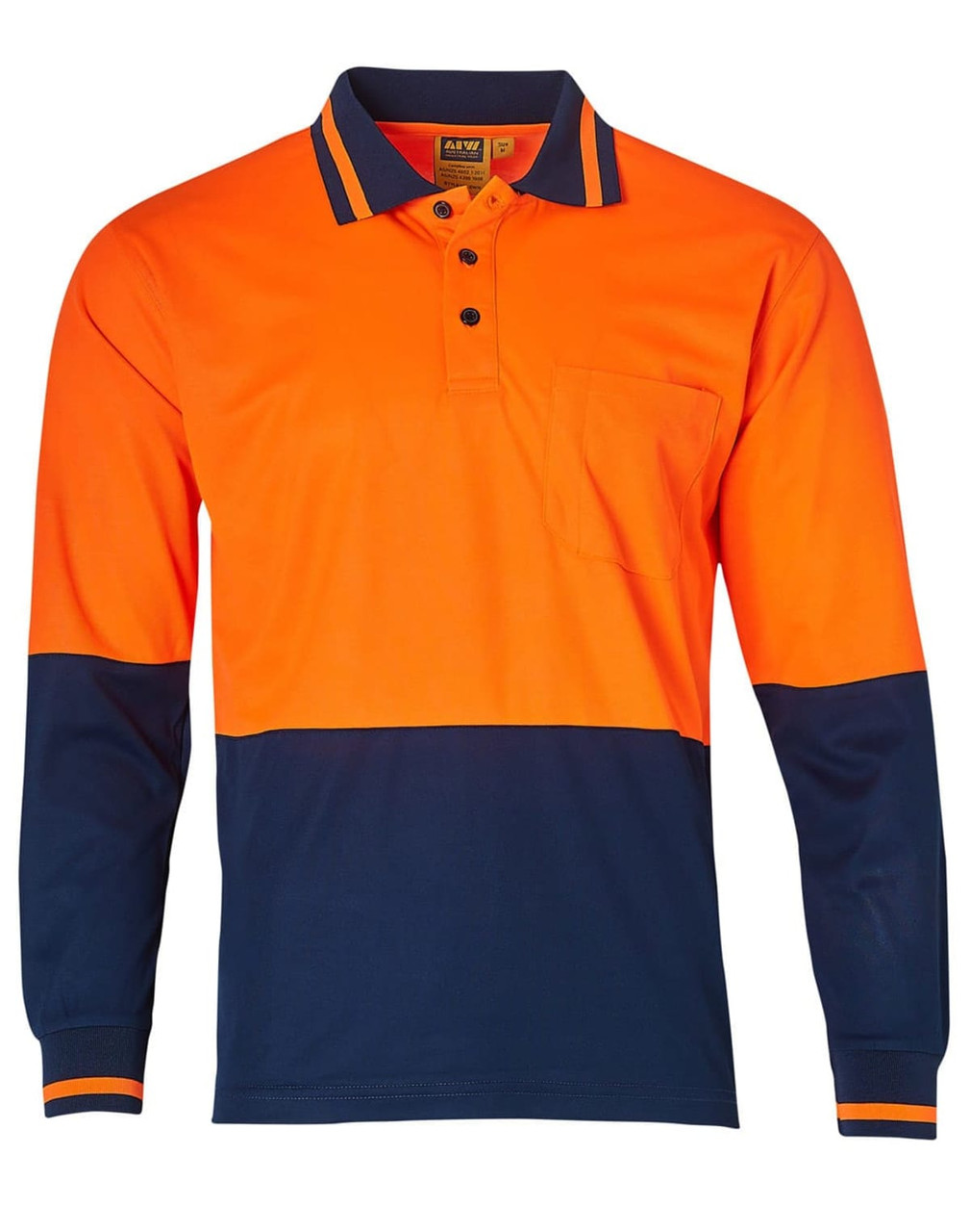 A long-sleeve safety polo shirt in orange and navy blue, featuring a pocket and a logo on the chest.