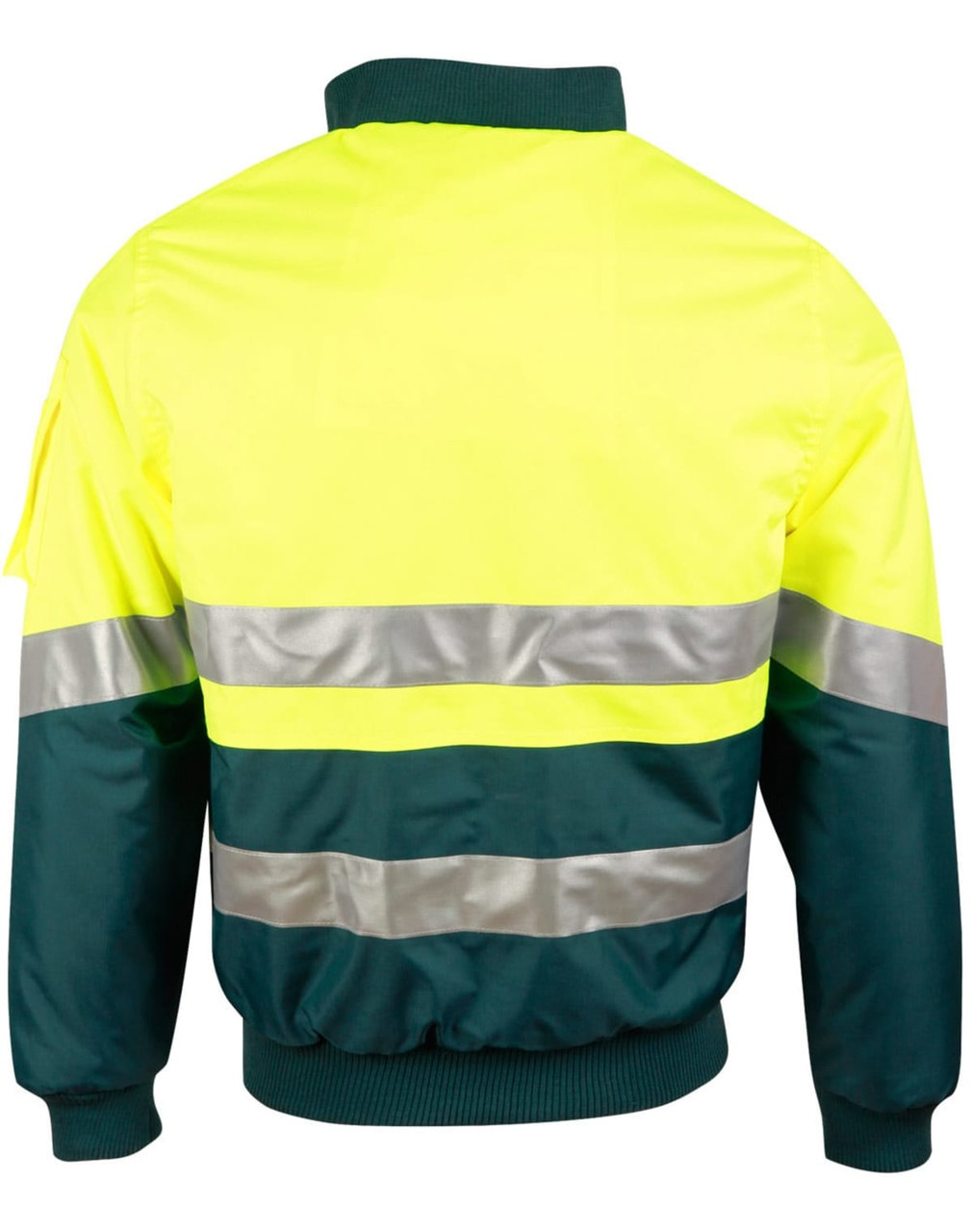 A Hi-Vis two-tone jacket in fluorescent yellow and dark green with reflective 3M tape across the back.