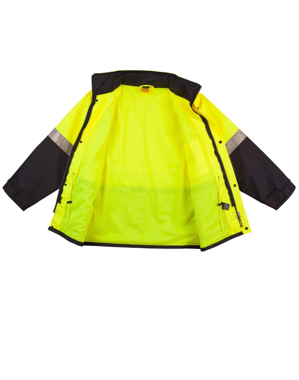 A Hi-Vis two-tone rainproof safety jacket in bright yellow and black, featuring 3M reflective tape and an open front.
