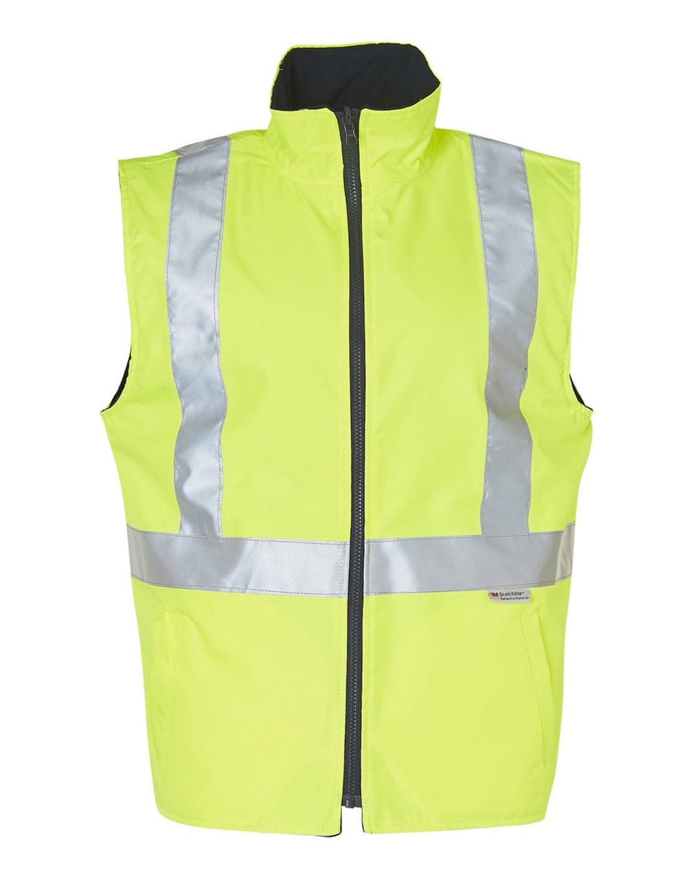 A bright yellow reversible safety vest with silver reflective 3M tape in a hoop pattern, featuring a zip closure.