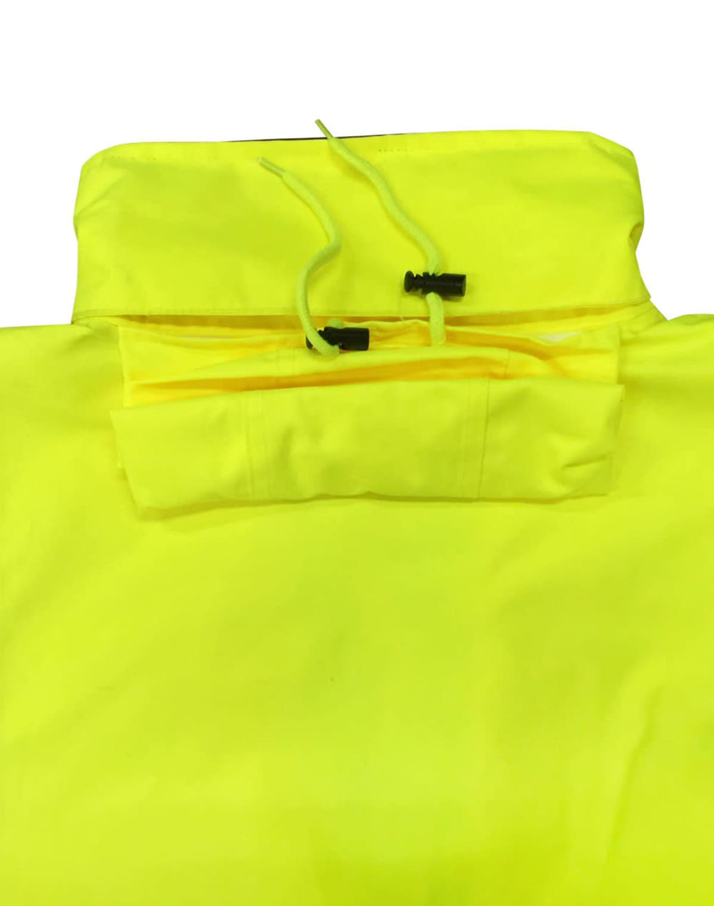 A bright yellow safety jacket with a foldable hood and drawstring, featuring reflective 3M tape.