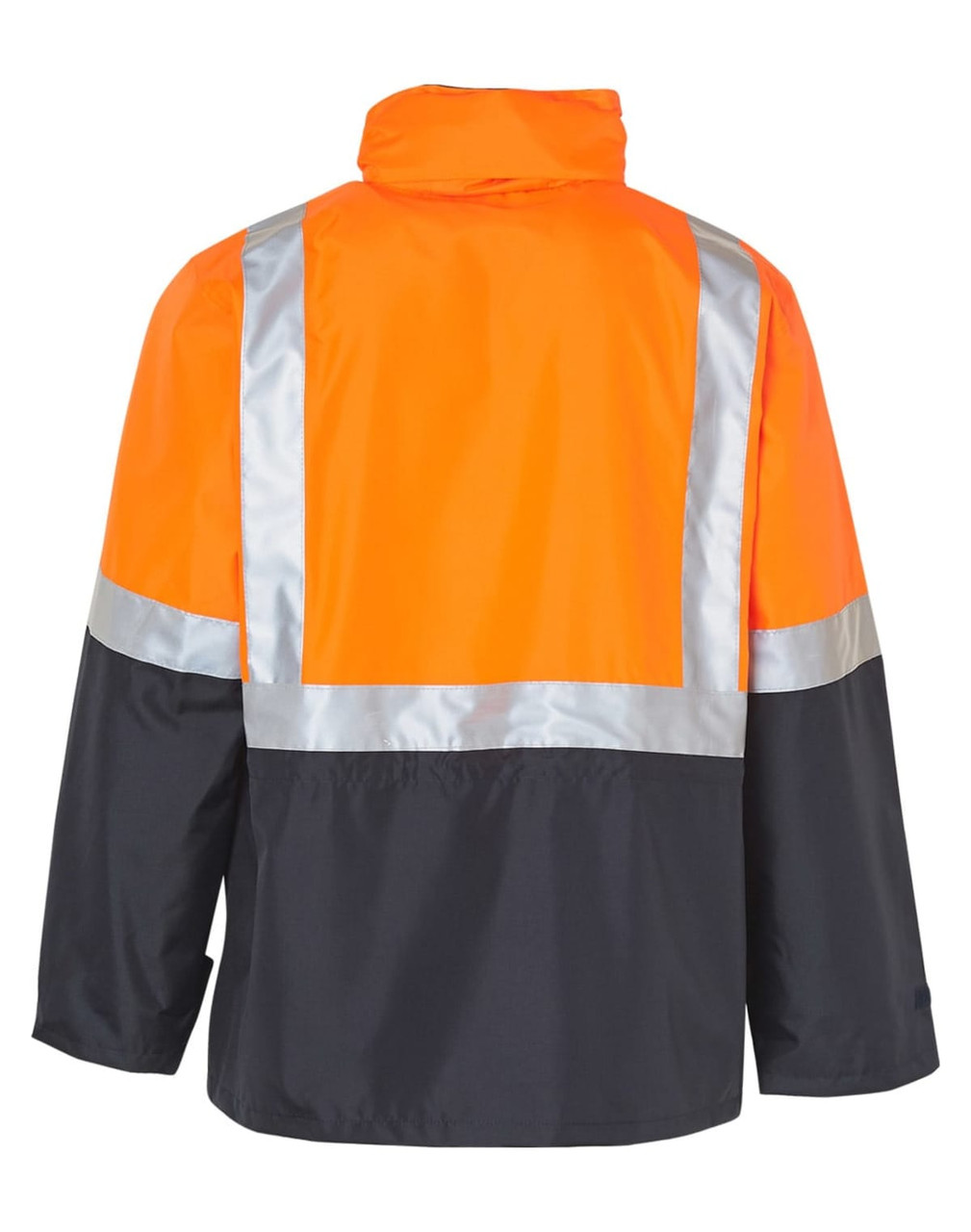 A safety jacket featuring high-visibility orange and black panels, with reflective 3M tape accents.