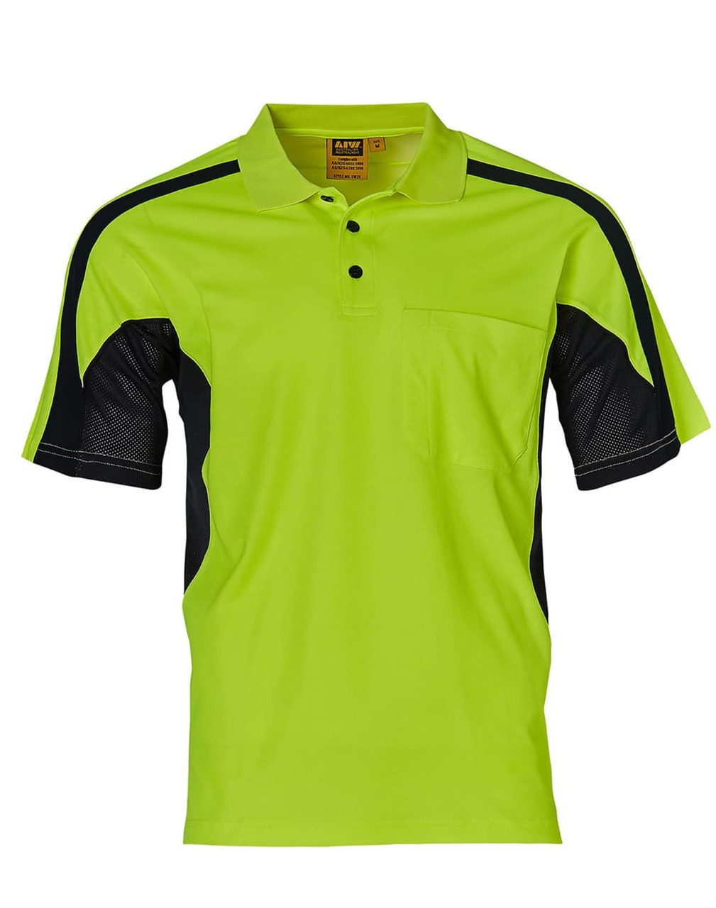 A short-sleeved safety polo in bright yellow with black accents and a chest pocket, featuring a logo.