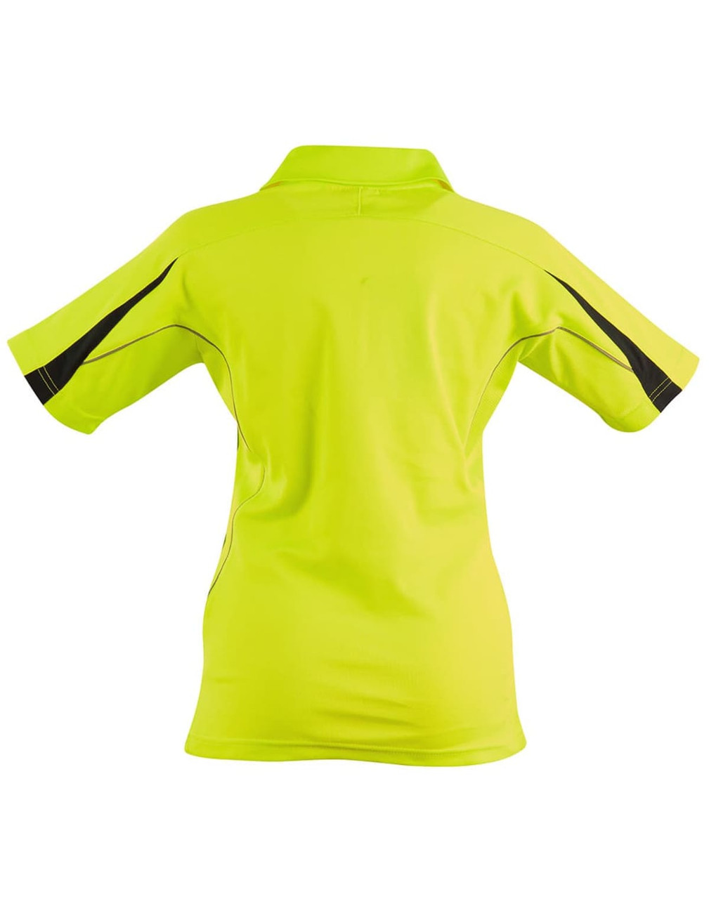 A bright yellow short-sleeve polo shirt with black detailing and a logo on the back.