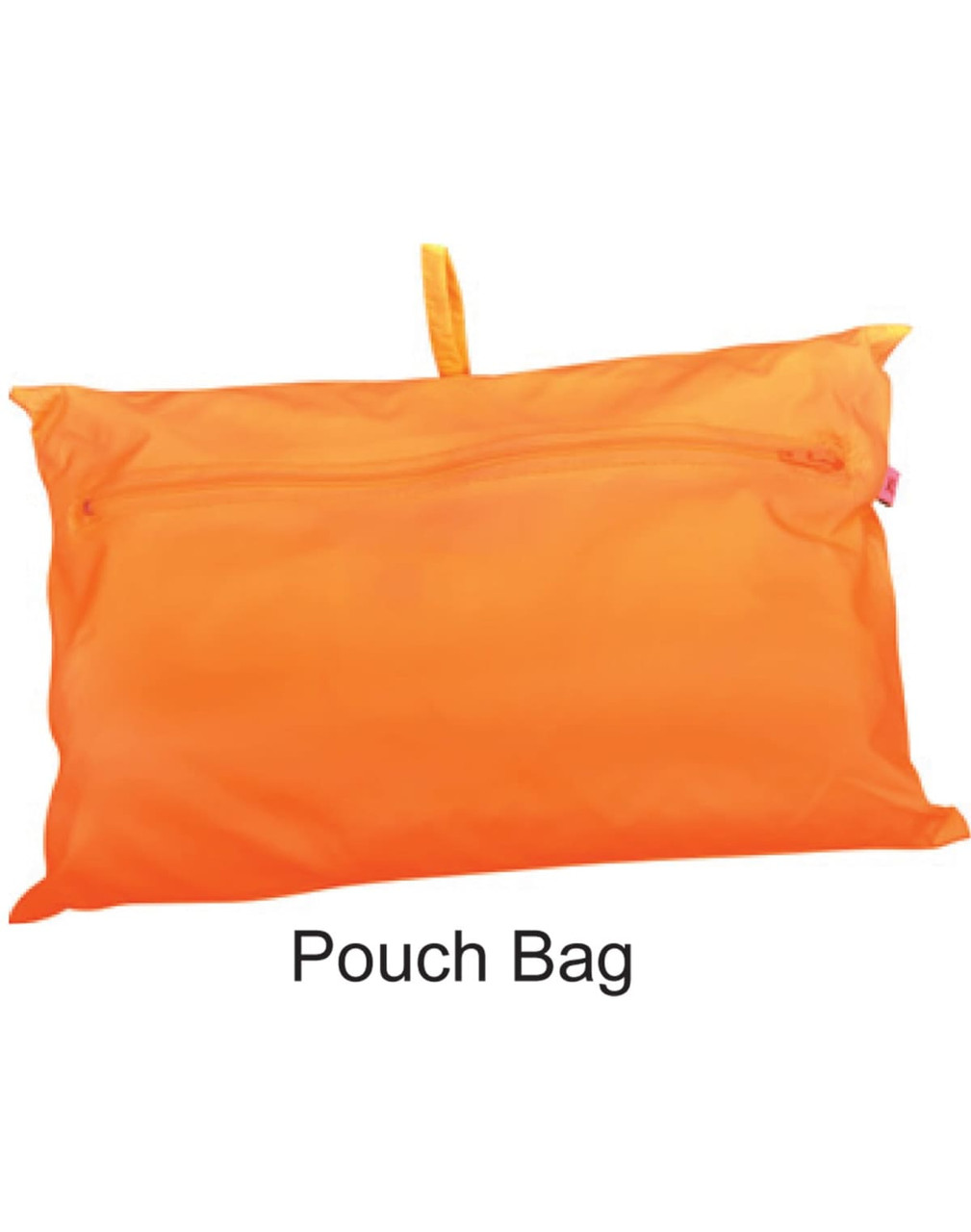 An orange pouch bag featuring a zip closure and a hanging loop for easy carrying.