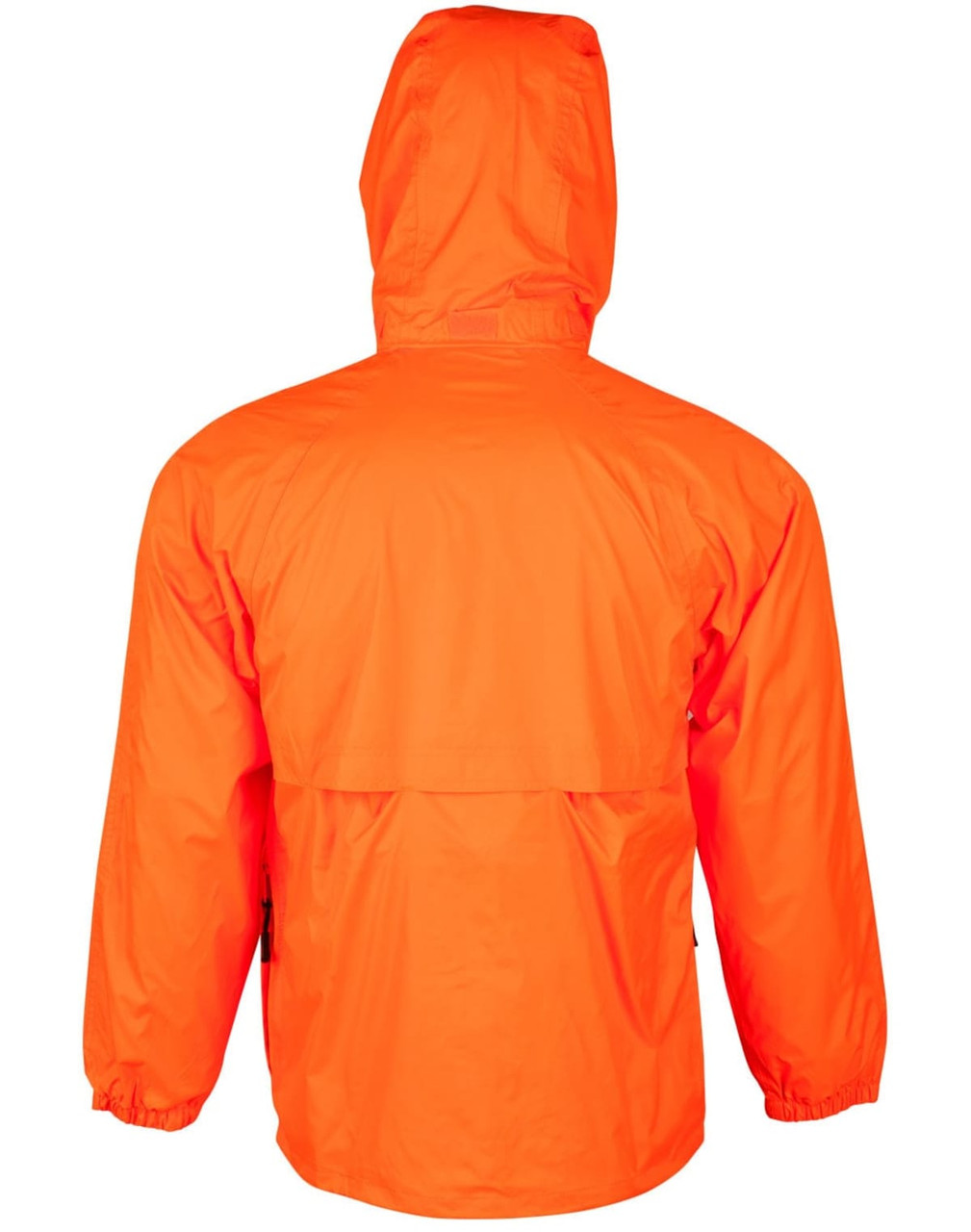 An orange hi-vis spray jacket with a hood, featuring elastic cuffs and a back vent, and includes a logo.