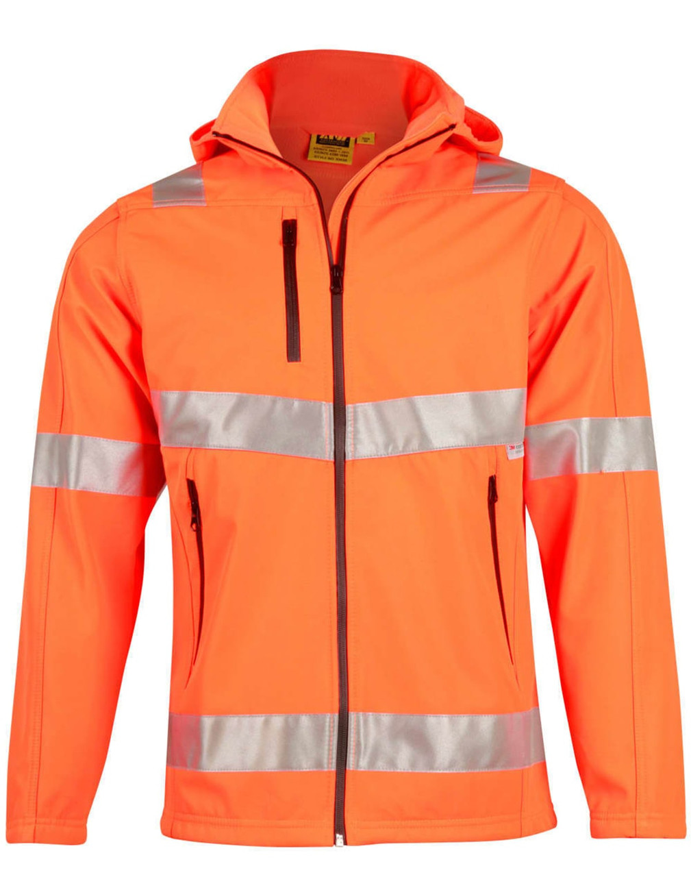 A bright orange hooded softshell jacket featuring reflective strips and a logo. Suitable for workwear and visibility.