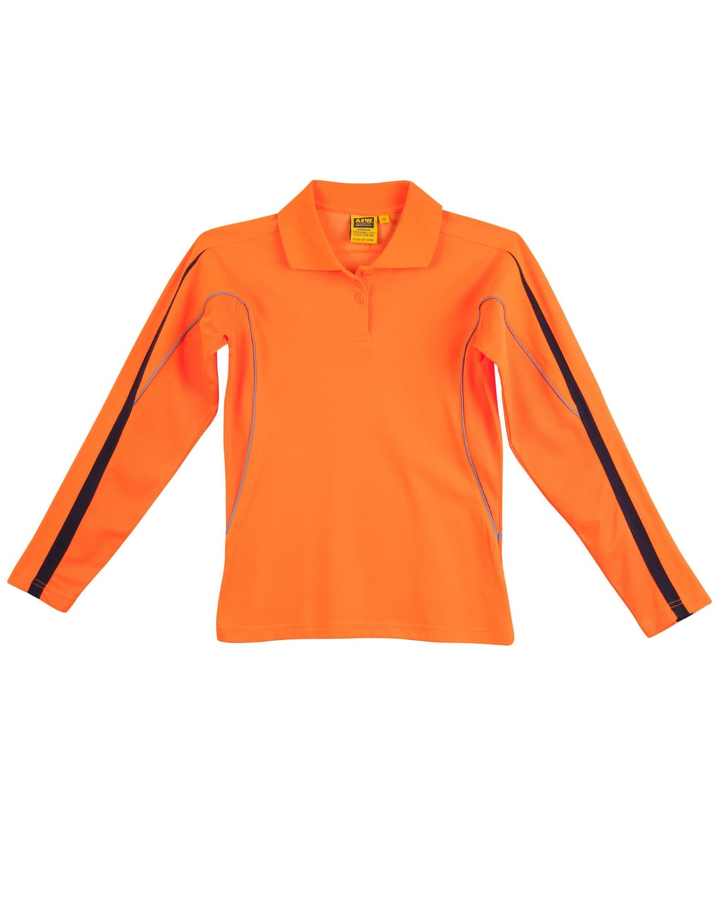 A long-sleeved, high-visibility polo shirt in bright orange with black accents and a branding logo.