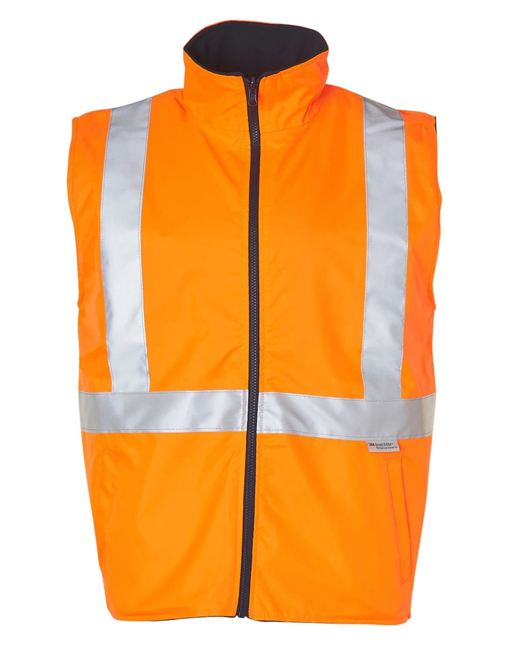 A reversible safety vest in bright orange with reflective silver 3M tapes and a zippered front.