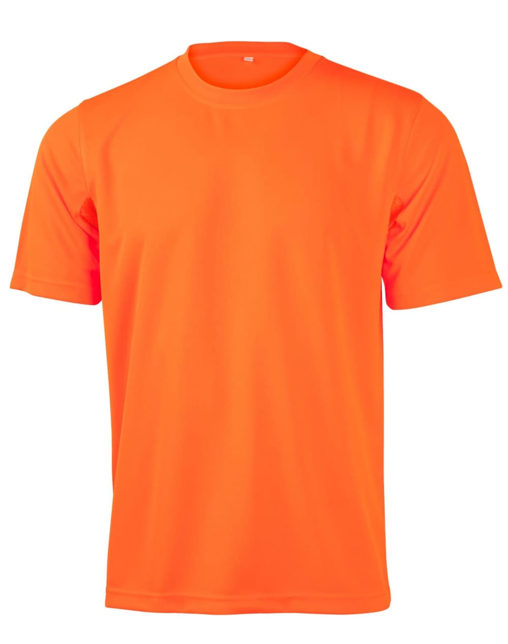 A bright orange short-sleeved safety tee featuring a logo, made from Cooldry Hi-Vis material.