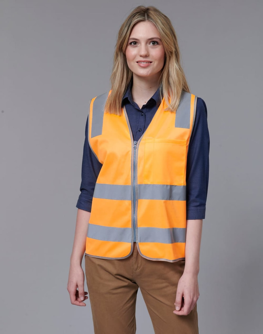 An orange safety vest with reflective stripes, featuring a front zipper and a branding logo.