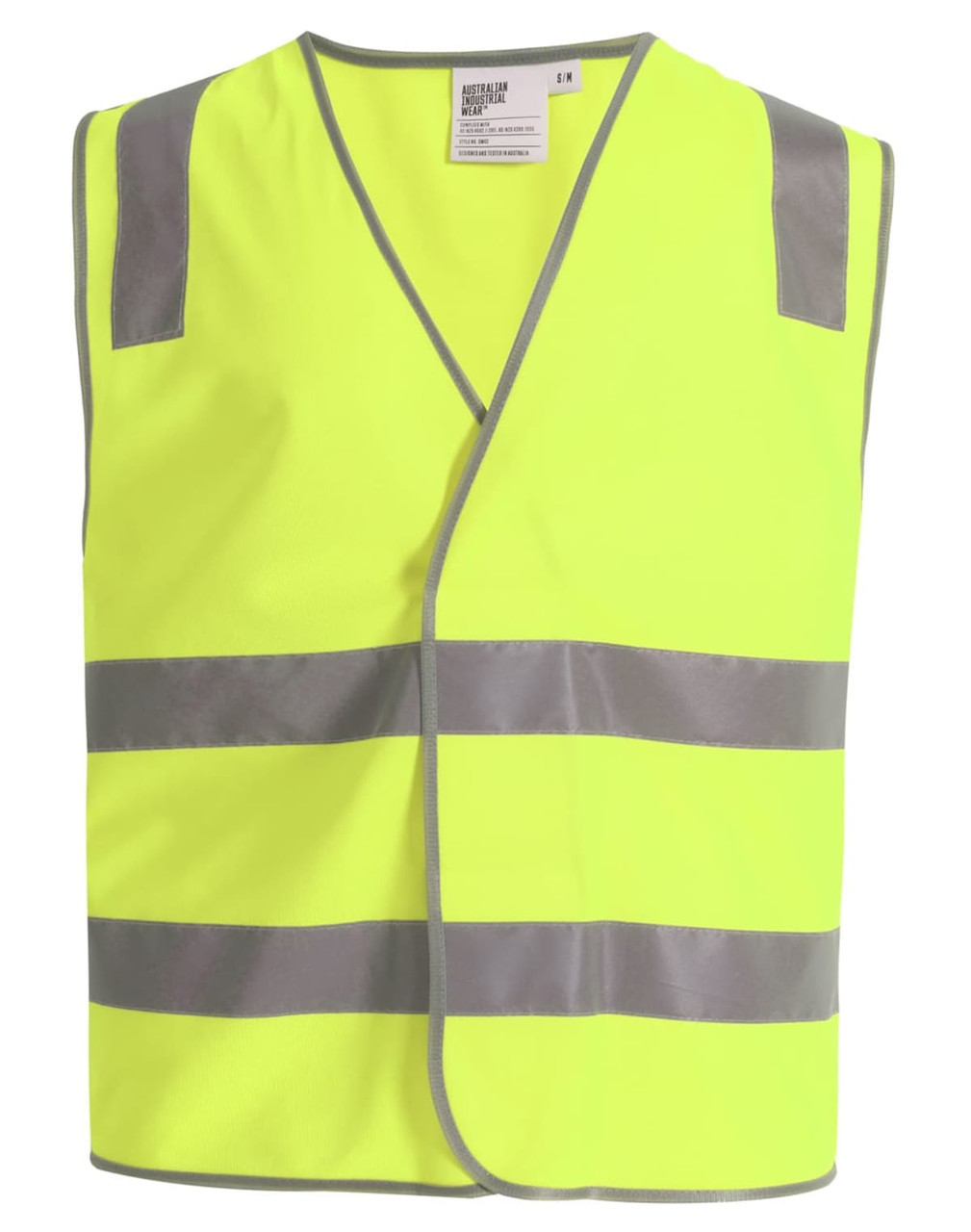 A bright yellow safety vest featuring grey shoulder reflective tapes and a front opening. It includes a logo on the label.