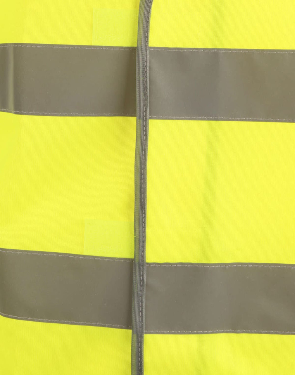 A bright yellow safety vest featuring grey shoulder reflective tapes and a logo.