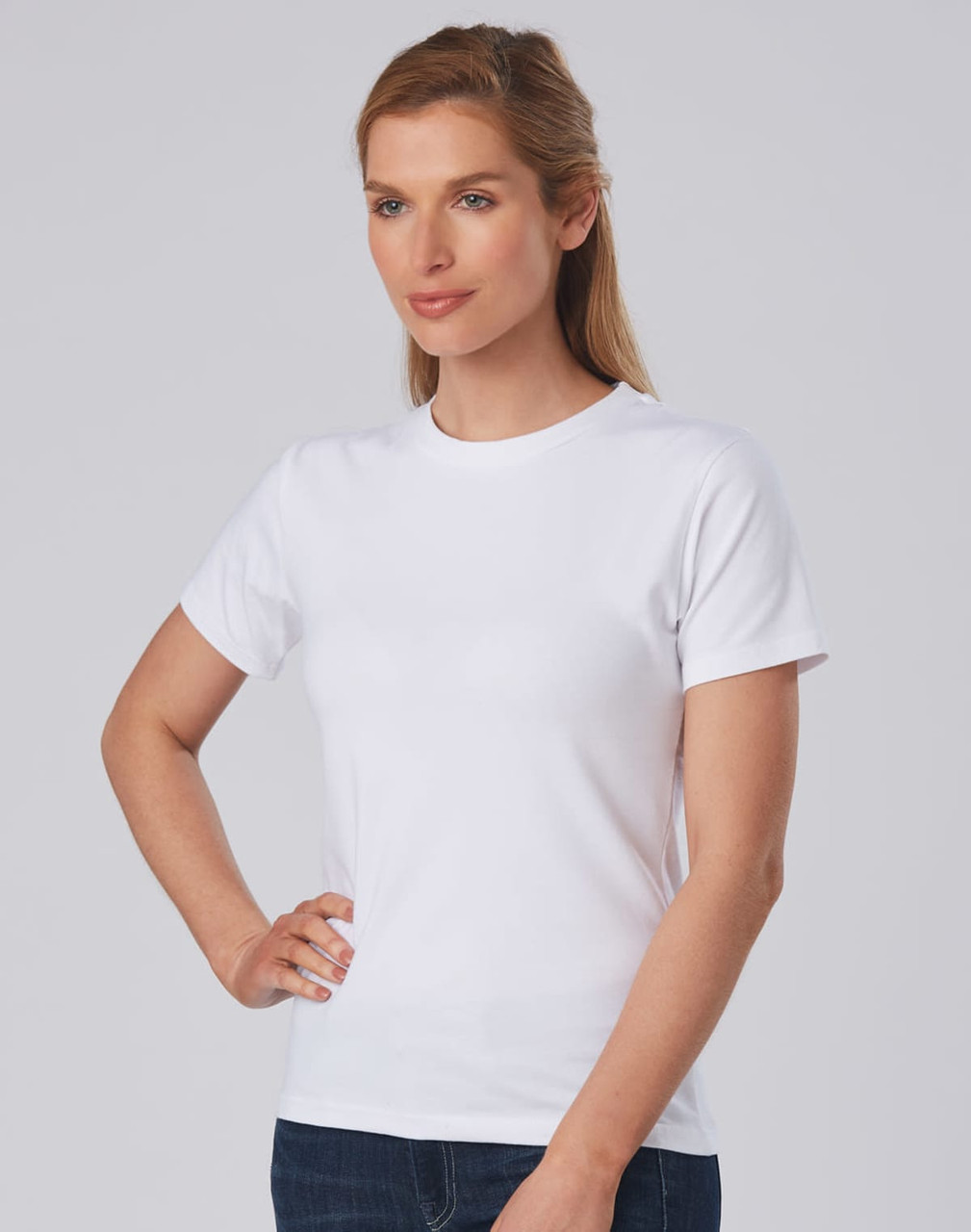 A white ladies' fitted stretch tee with a classic crew neckline, featuring a logo on the front.