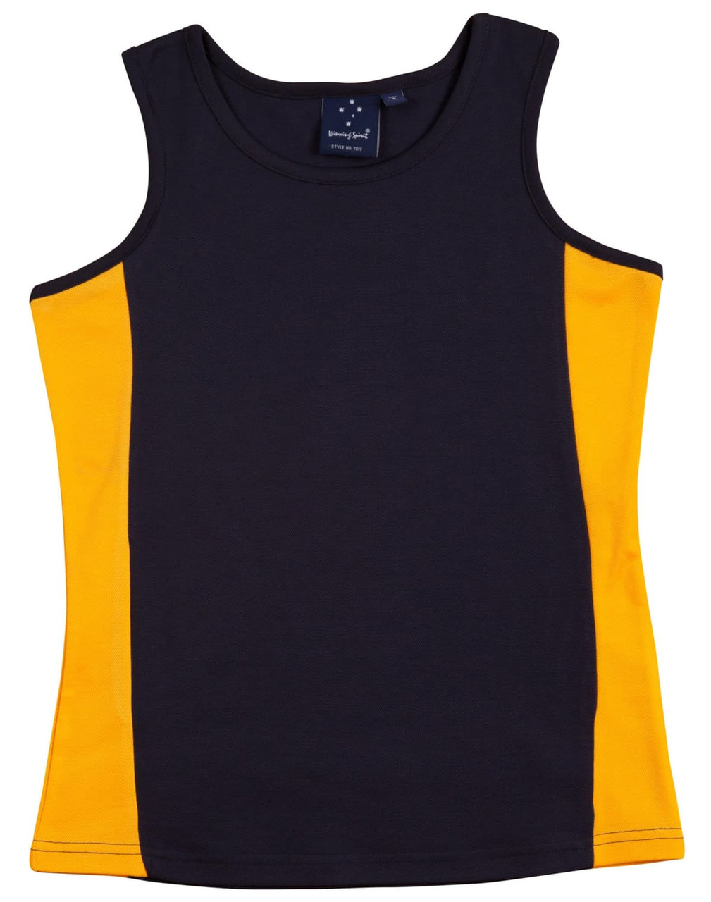 A black and yellow ladies singlet with a fitted design and a logo on the label.