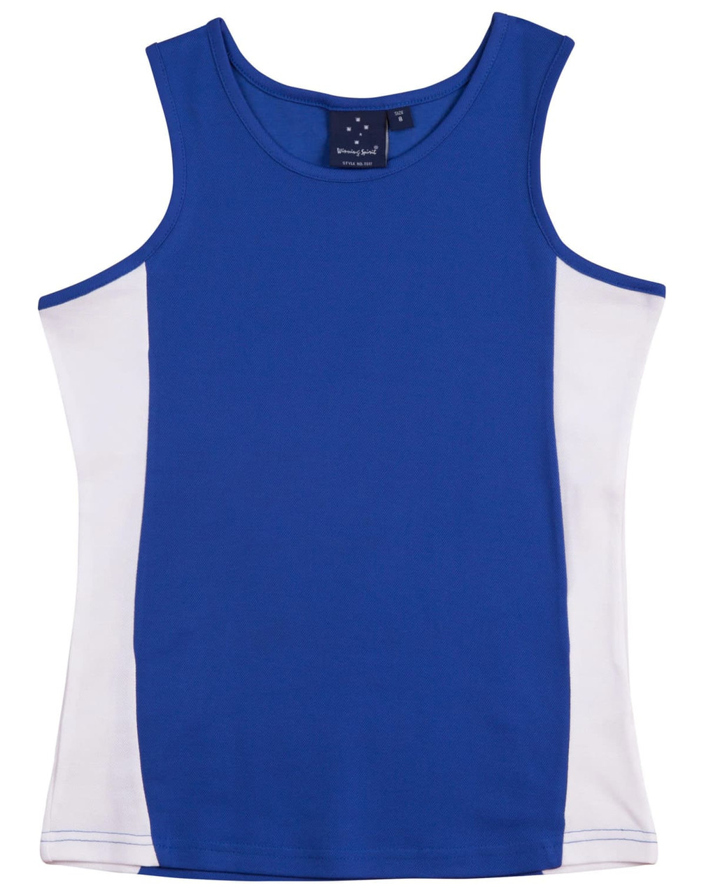A blue singlet with white contrast panels and a brand logo on the neckline.