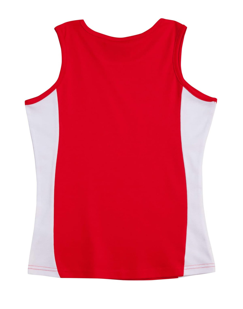 A red and white ladies singlet featuring a contrast design. The back view showcases the colour scheme and fit.