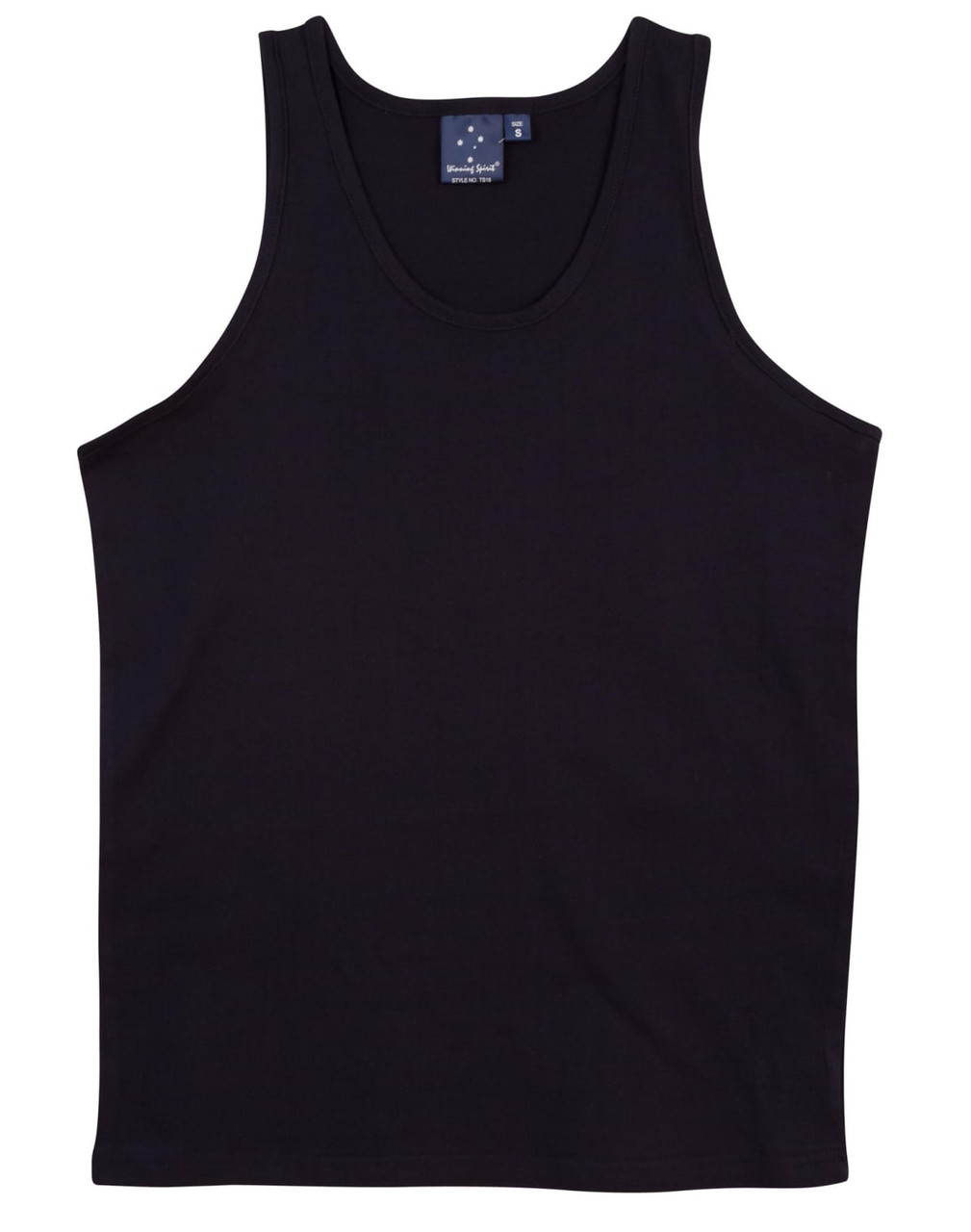 A black men's cotton singlet with a simple design and a small logo on the label.