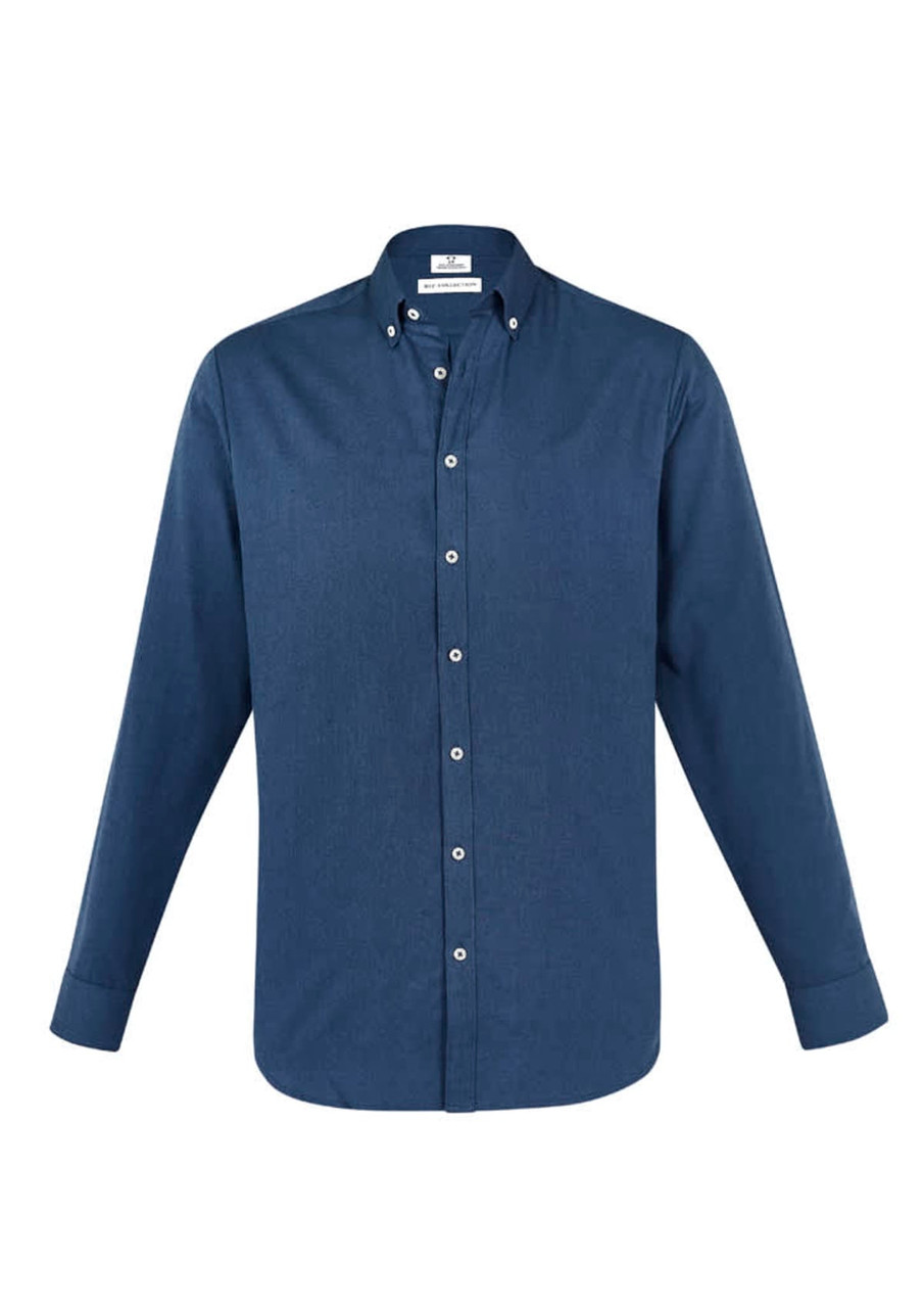 A navy long sleeve button-up shirt with a collar and a logo on the chest.