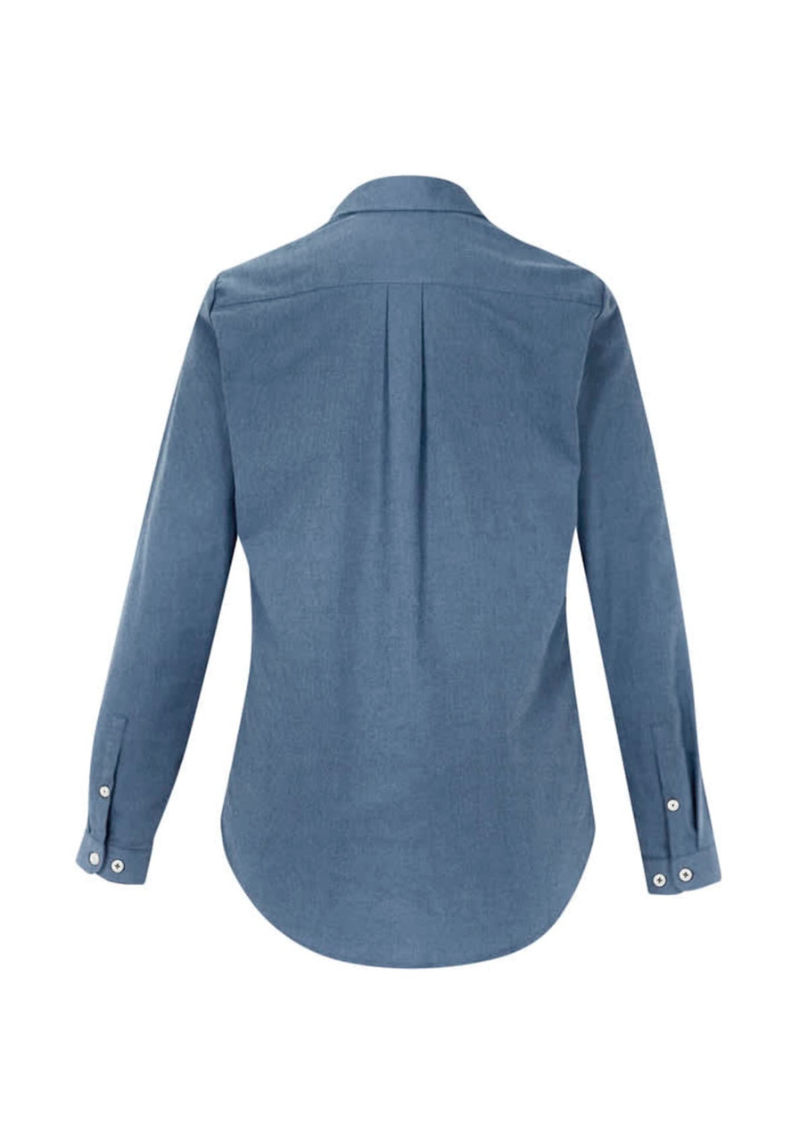 A women's button-up shirt in a blue hue, featuring long sleeves and a back pleat design.