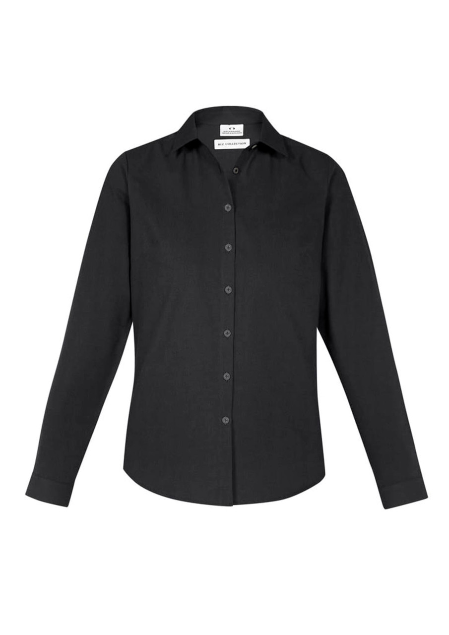A black long sleeve button-up shirt with a classic collar and a logo on the label.