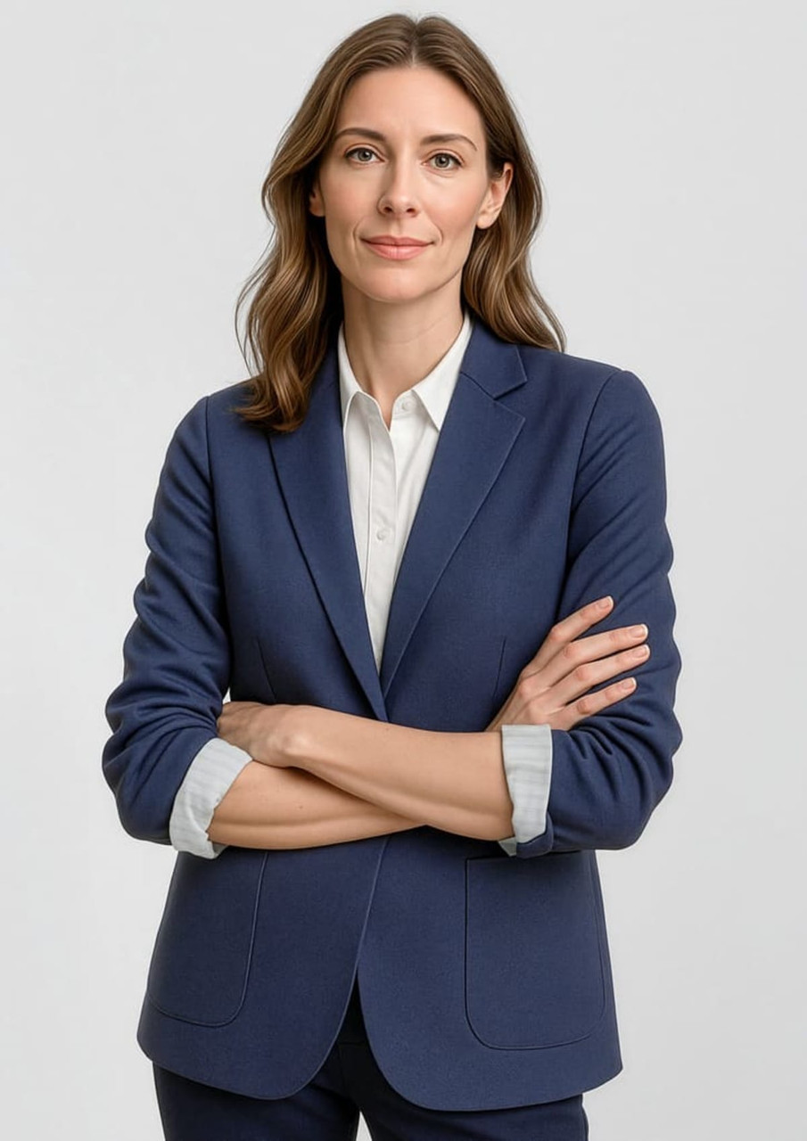 A navy blue women's blazer with a tailored fit and a branding logo. The model has arms crossed, displaying the jacket.