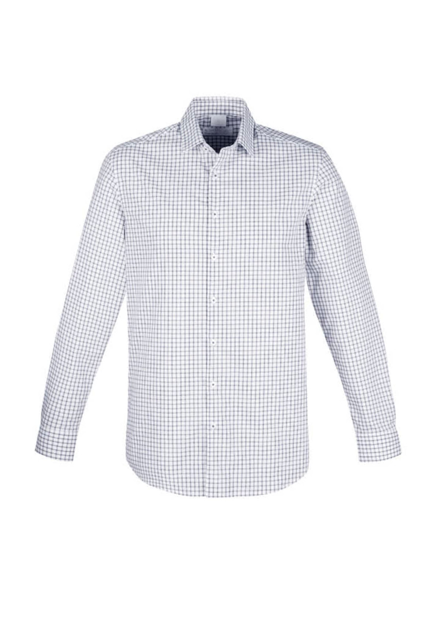 A long sleeve button-up shirt featuring a blue and white checkered pattern and a logo on the chest.