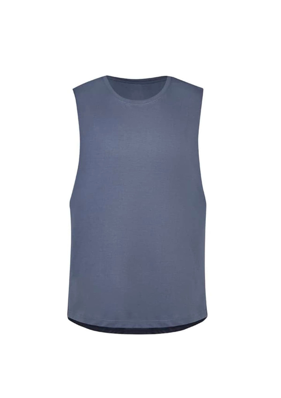A sleeveless tee in a blue-grey colour with a black hem and a logo. Ideal for casual wear.