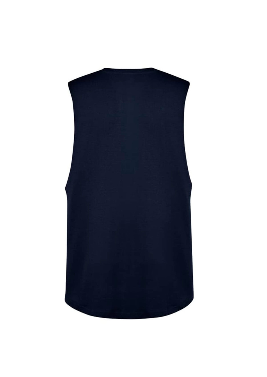 A sleeveless tee in navy blue, featuring a smooth back design and a logo on the front.
