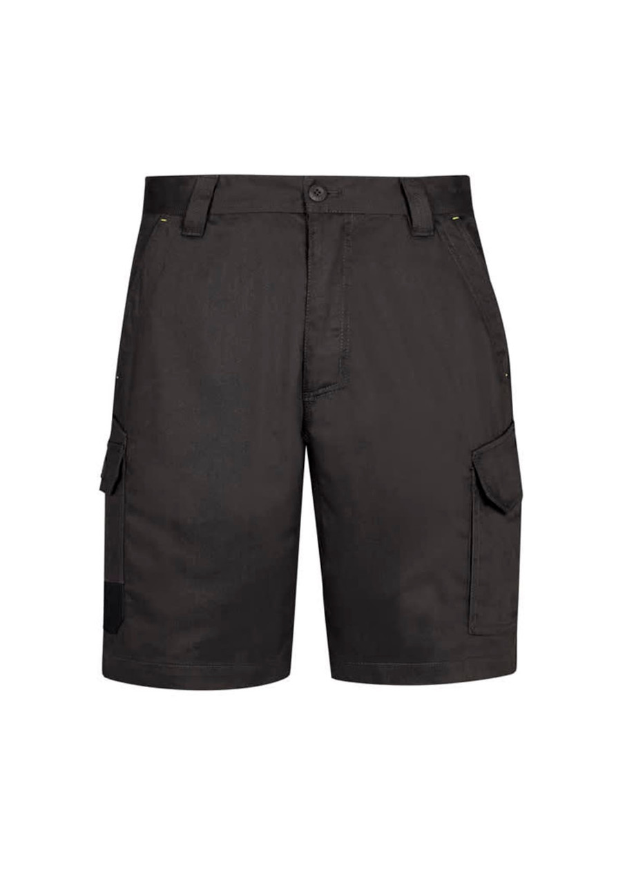 Men's summer cargo shorts in black, featuring side pockets and a button closure. Includes a logo.