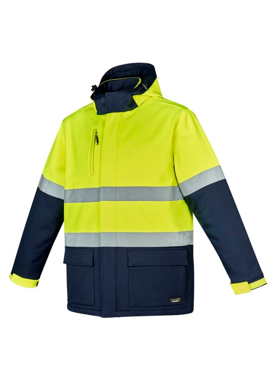 A unisex hi-vis Antarctic softshell jacket featuring bright yellow and navy blue colours, with a logo on it.