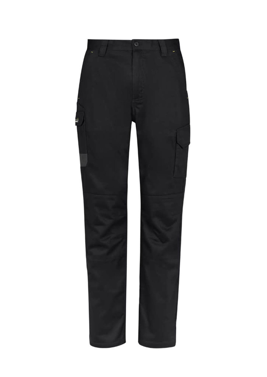 Black men's cargo pants with multiple pockets, featuring a logo. Suitable for summer wear.