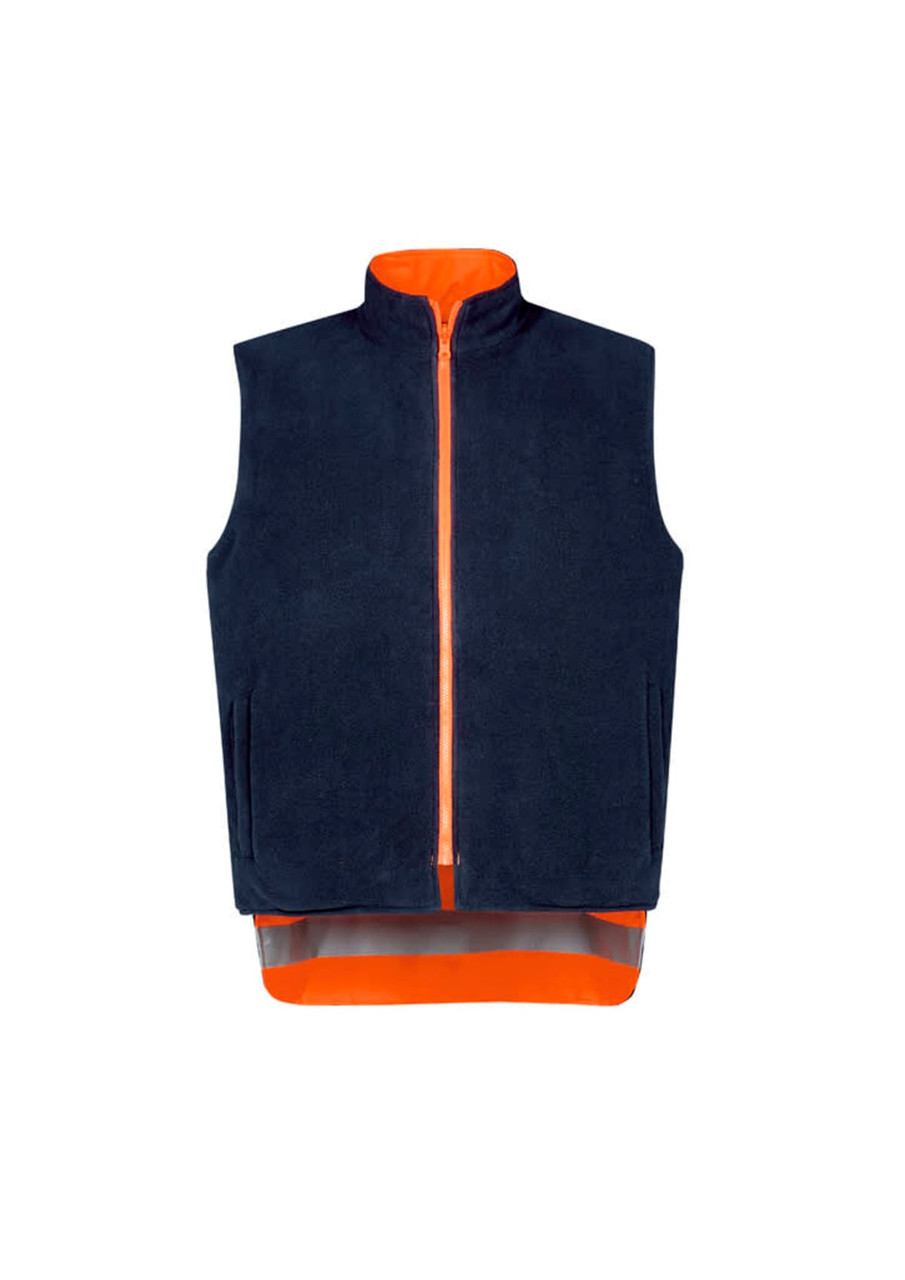 A waterproof jacket featuring a navy exterior with an orange interior, designed for workwear. Includes a logo.