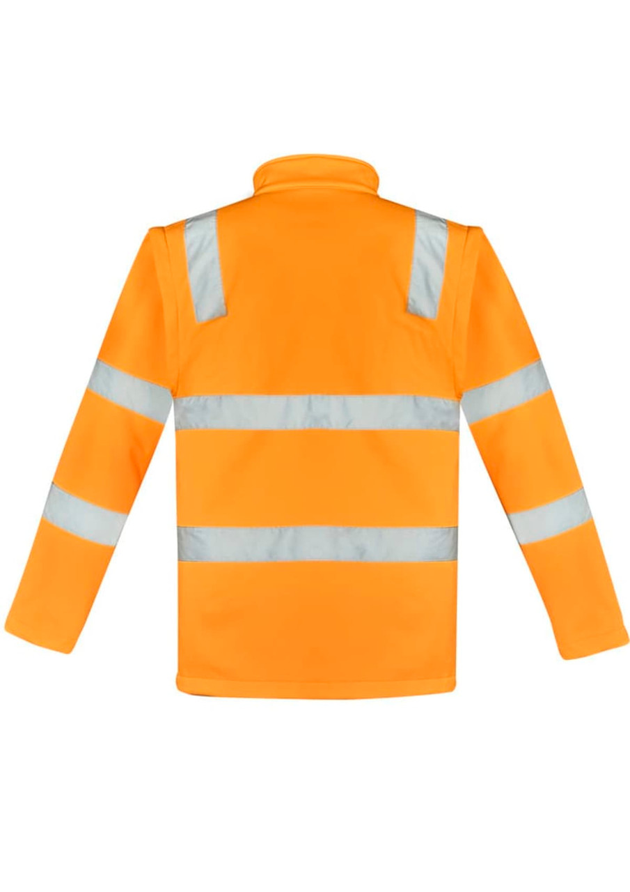 A unisex hi-vis softshell jacket in bright orange with reflective stripes on the back. Features a logo.