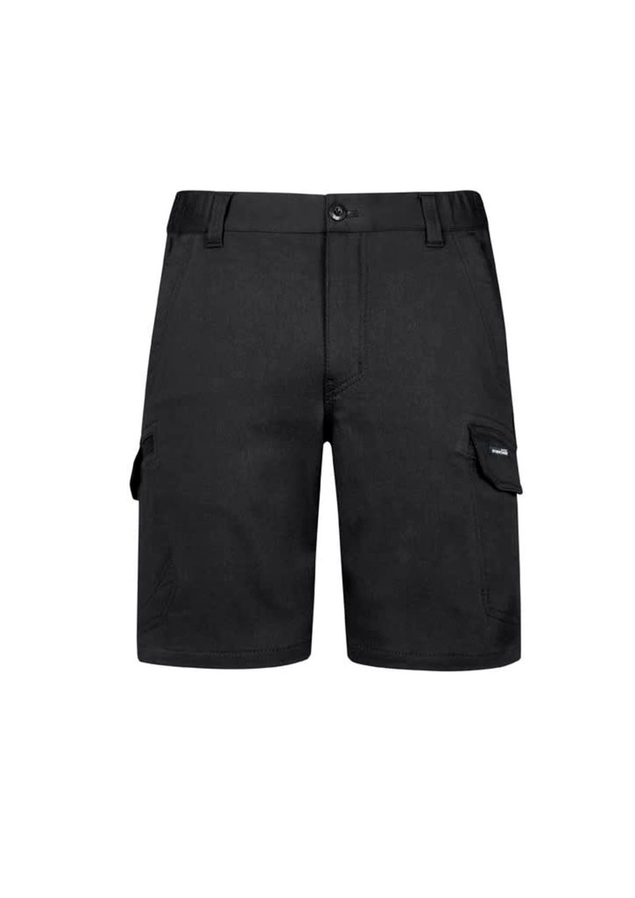 Men's black work shorts featuring side pockets and a logo. Suitable for comfort and durability in work settings.