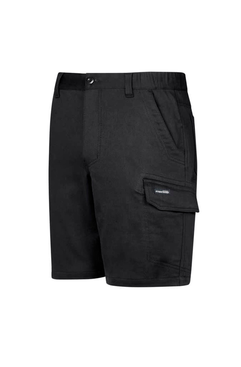 A pair of black work shorts featuring pockets and a branding logo. Suitable for workwear and casual wear.