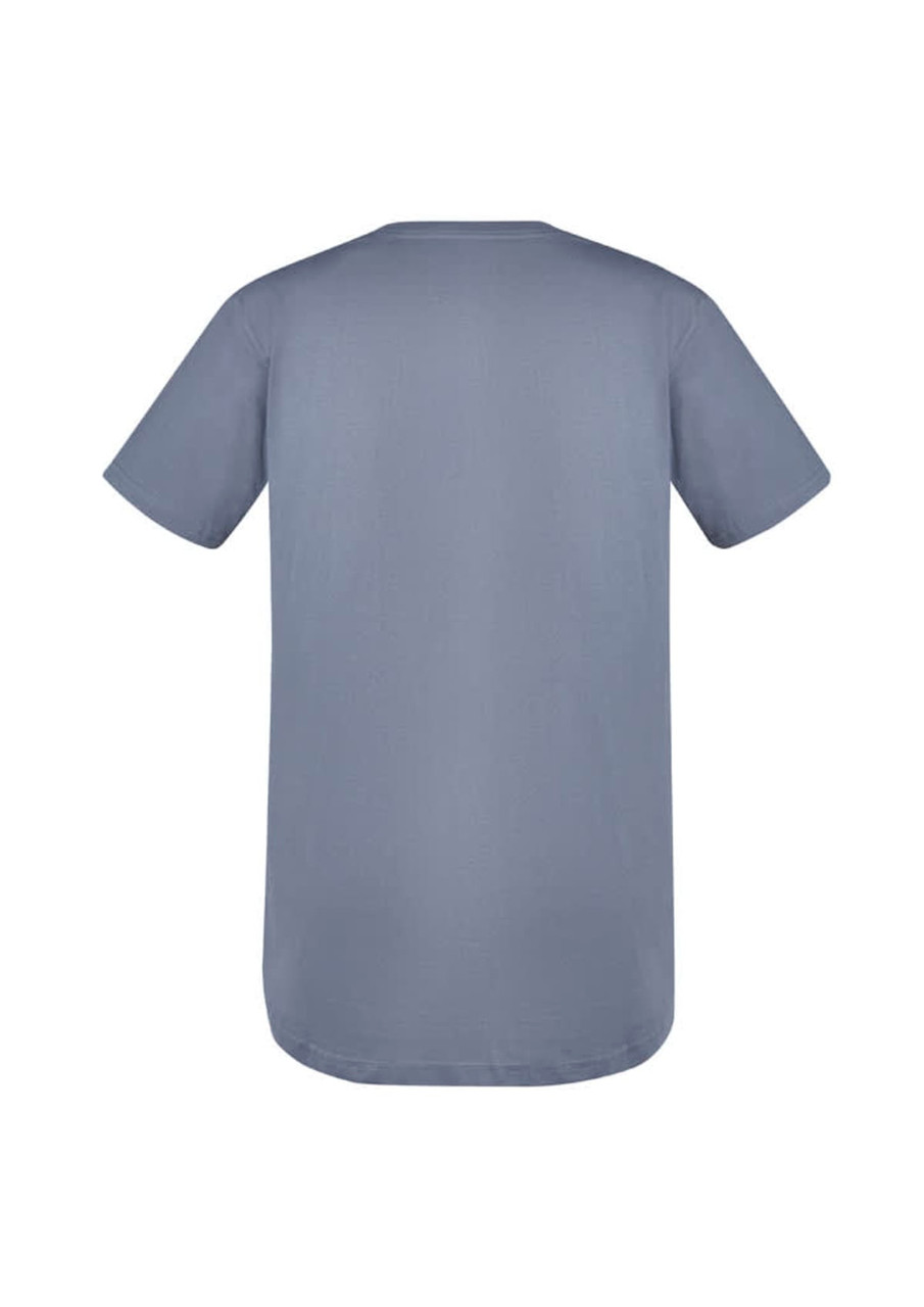A grey men's T-shirt with short sleeves and a rounded hem, featuring a logo on the back.