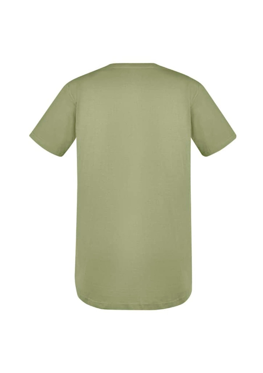 A green men's t-shirt with short sleeves and a rounded hem, featuring a logo on the back.
