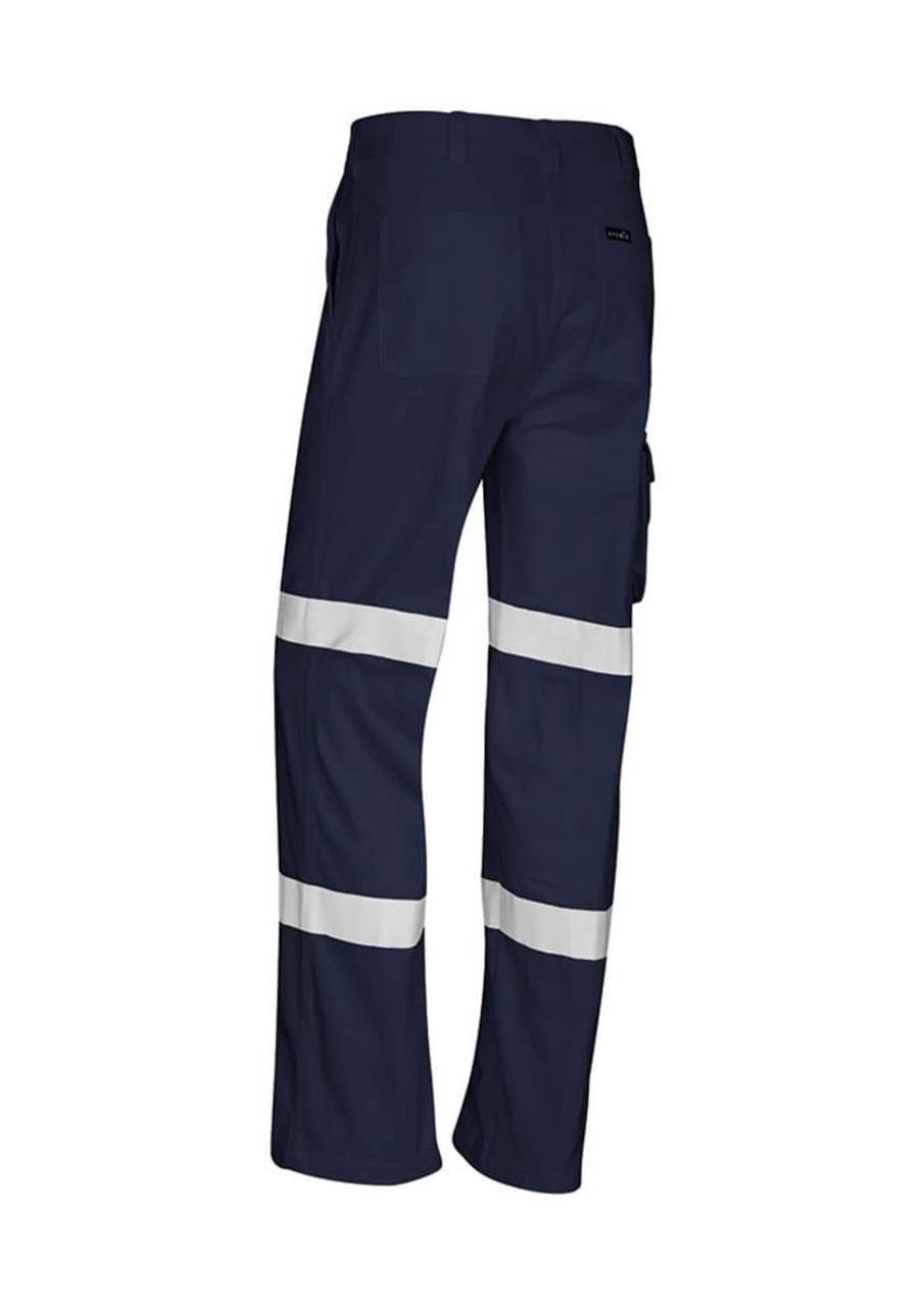 A pair of navy work pants with white reflective stripes and a pocket, featuring a logo.
