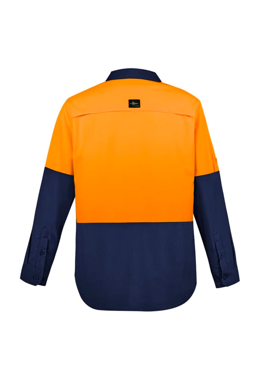 A long sleeve work shirt in orange and navy with a logo, designed for outdoor use.