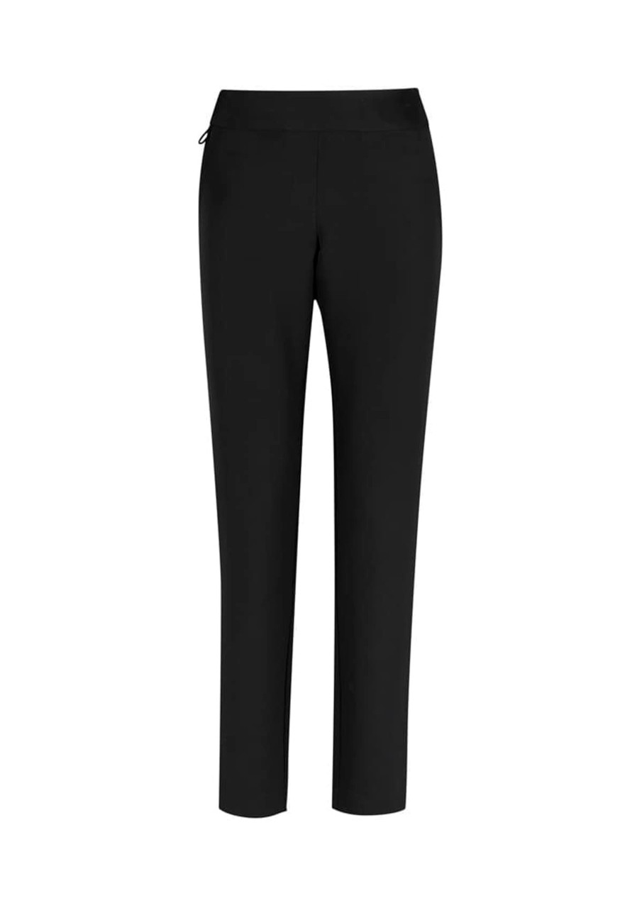 A pair of black stretch pants with a slim fit and an elastic waistband, featuring a logo.
