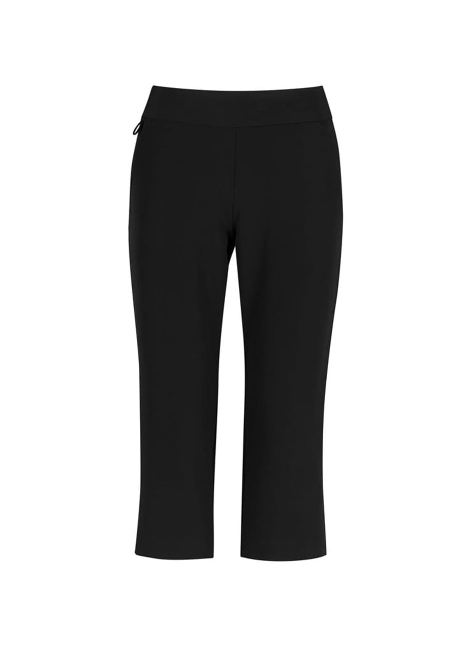 A pair of black 3/4 length stretch pants designed for women, featuring a fitted waistband and a side logo.